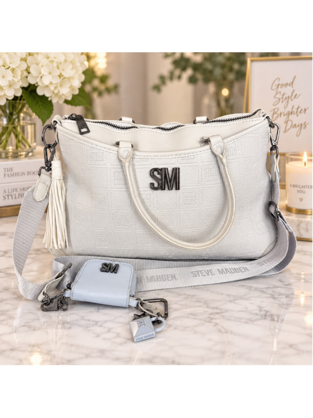 Steve Madden Satchel Bag With Accessories White Silver